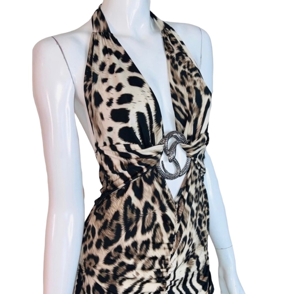 Party 21 Leopard Print Snake Medallion Bodycon Brown & Cream Halter Midi Dress - Picture 5 of 10